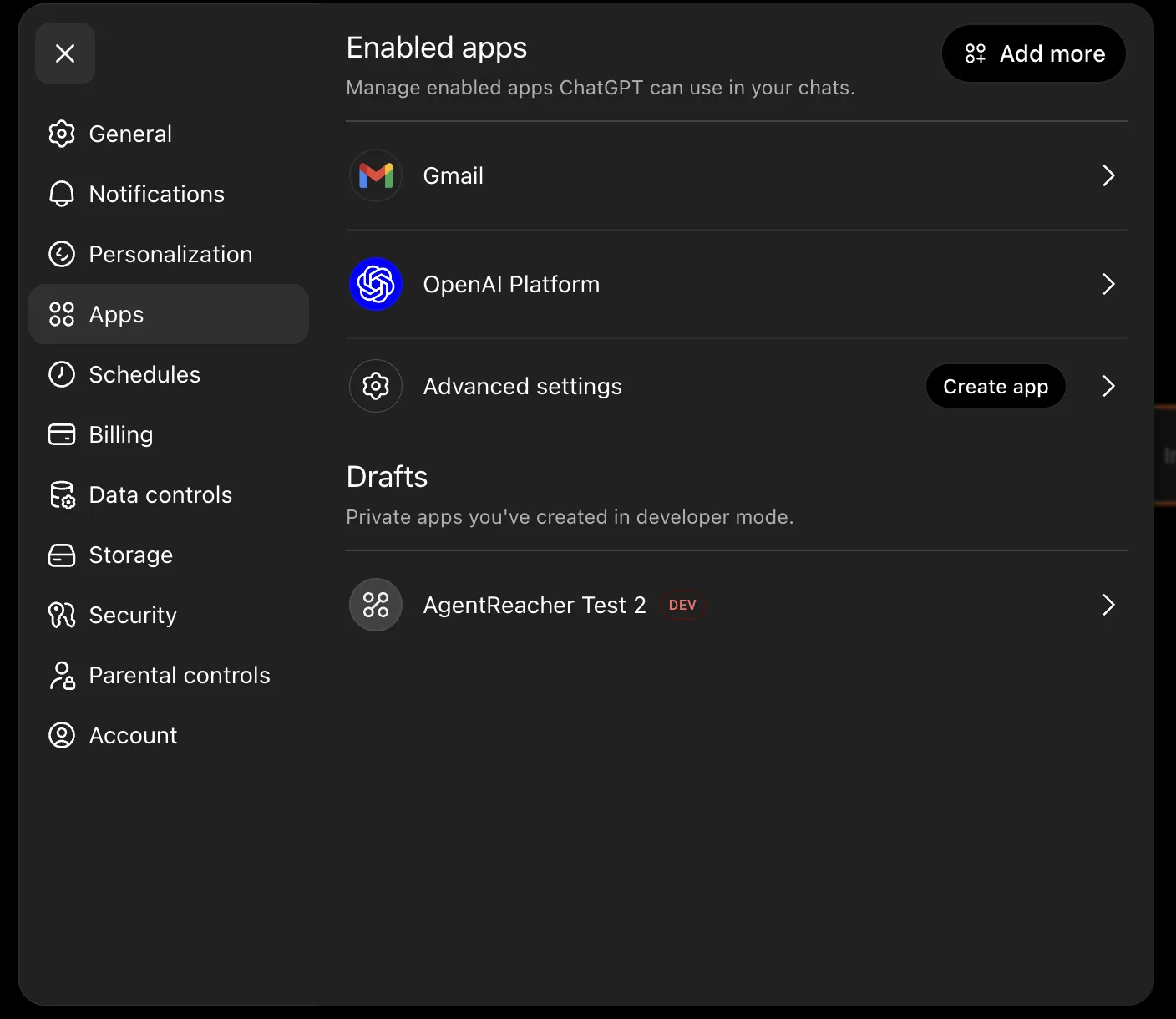 ChatGPT Settings showing the Apps overview