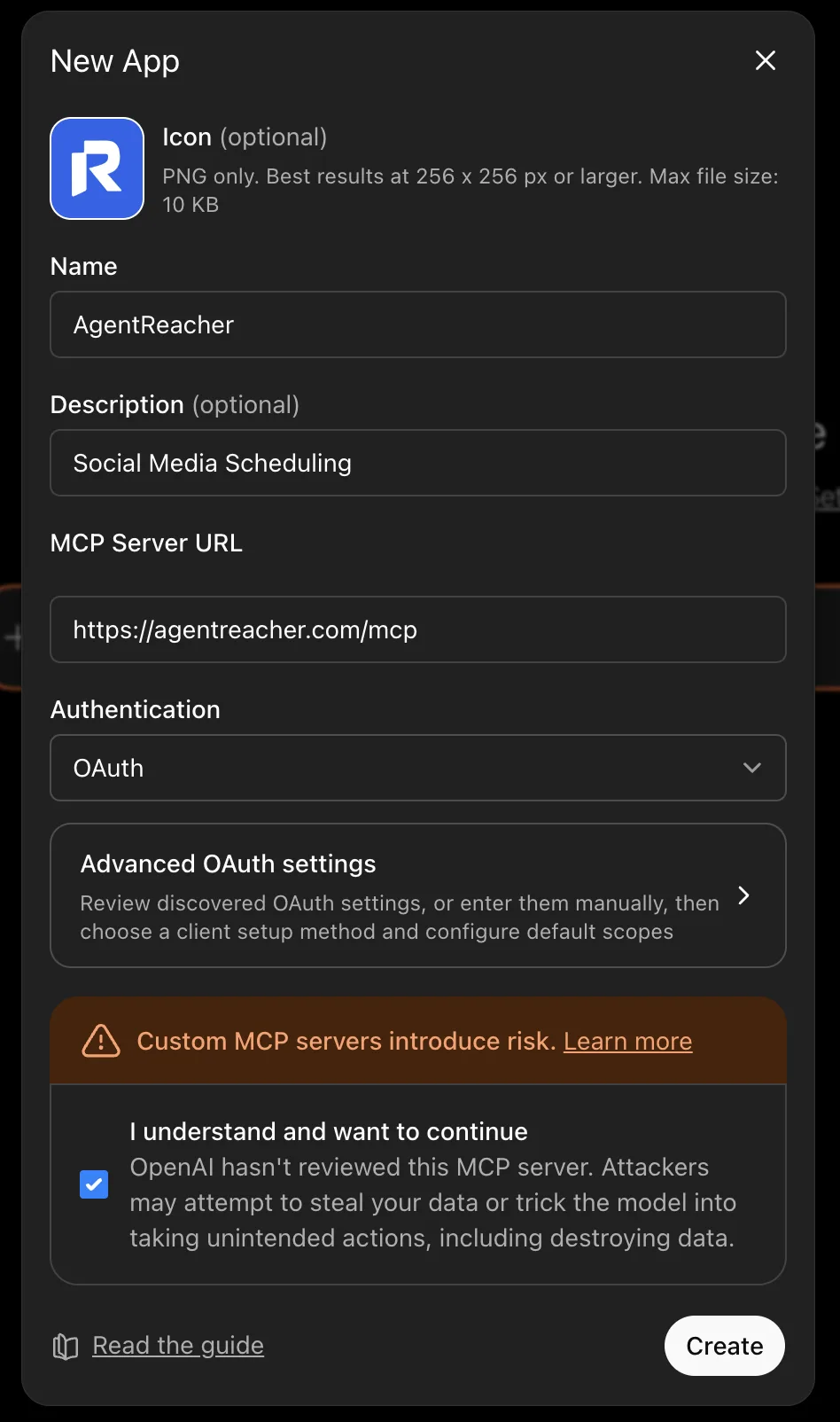 ChatGPT custom MCP app creation form