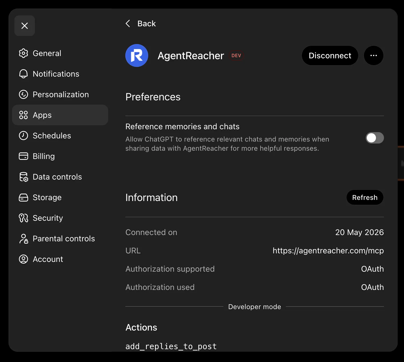ChatGPT confirming AgentReacher has been added