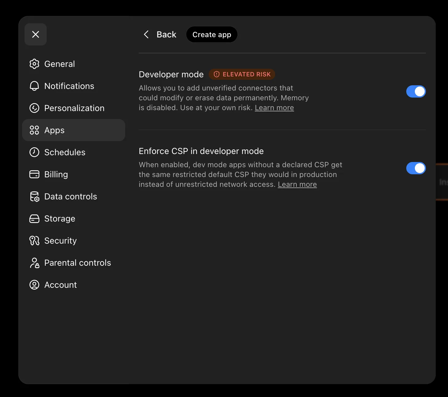 ChatGPT Advanced settings with Developer mode toggle on