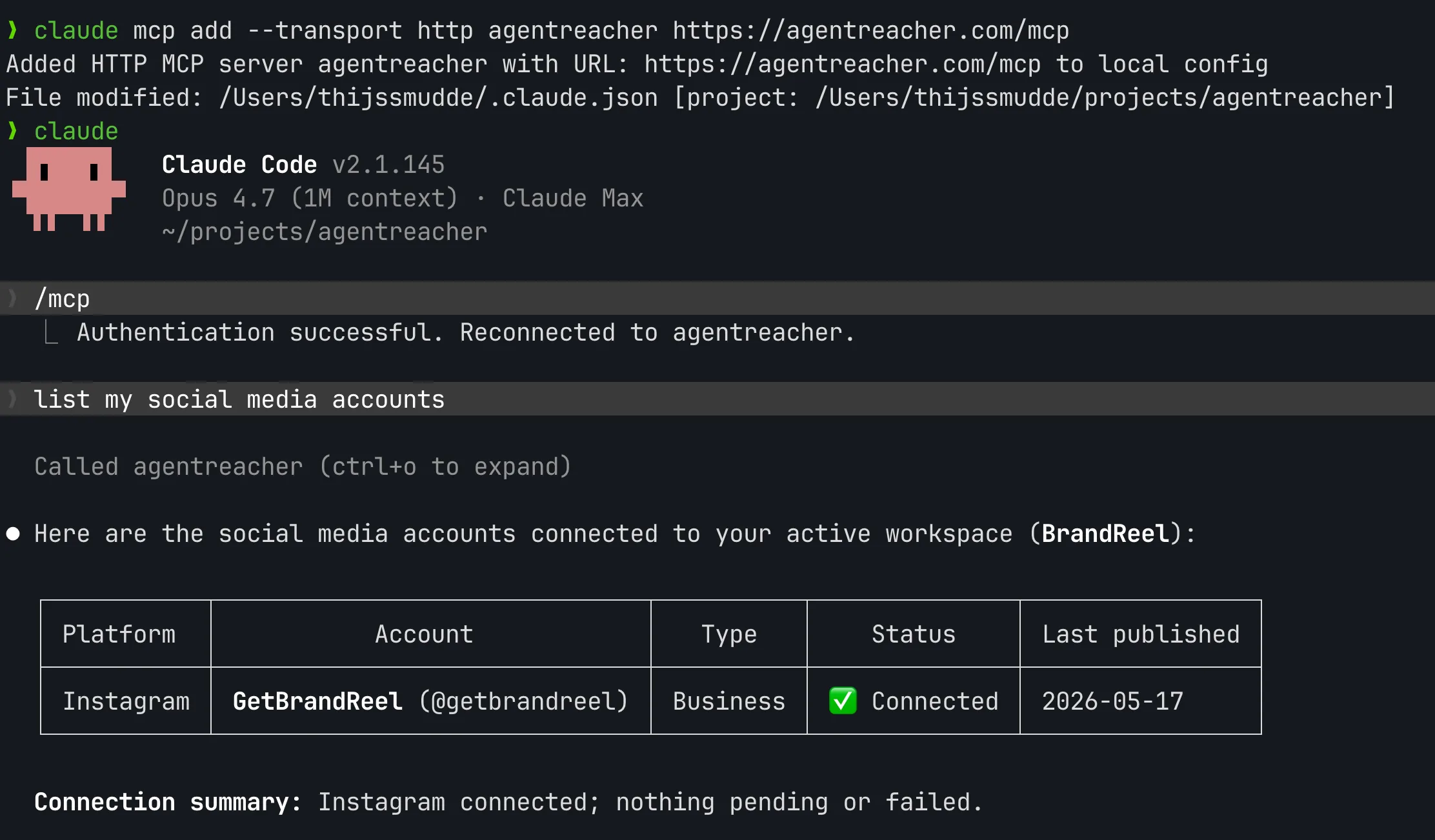 Claude Code showing available AgentReacher MCP tools