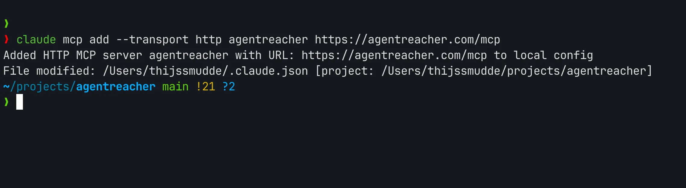 Terminal showing the Claude Code MCP add command