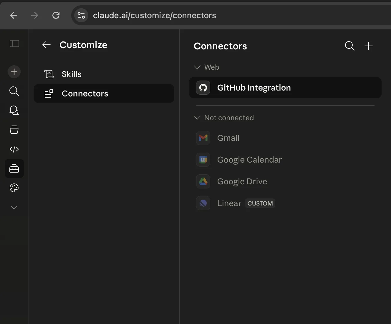Claude Connectors page with the Add custom connector button
