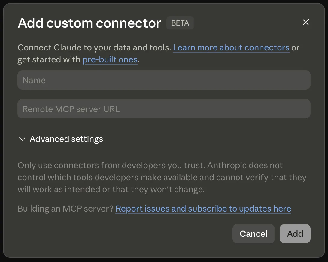 Claude custom connector form filled with AgentReacher name and MCP URL