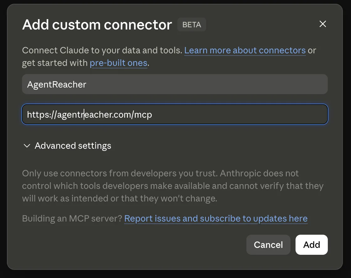 Claude showing the connected AgentReacher tools